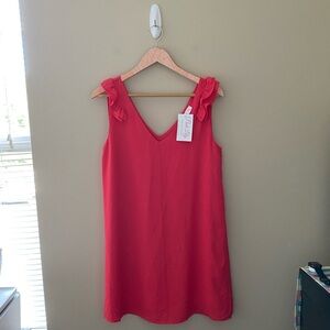 NWT Women’s Pink Lily Cherished Charm Pink Ruffle Shoulder V-Neck Slip Dress